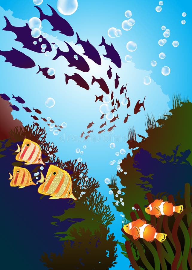 Coral reefs and colored fishes stock illustration