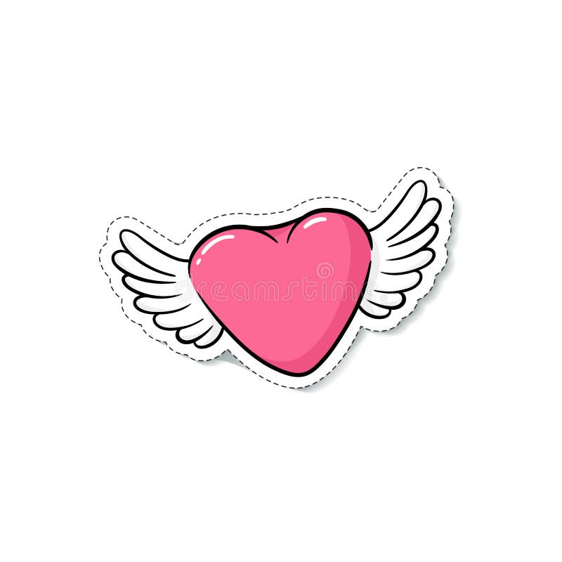  Corazón Rosa Lindo Con Las Alas De ángel Pegatina De Dibujos Animados Aislados En Fondo Blanco. Ilustración del Vector