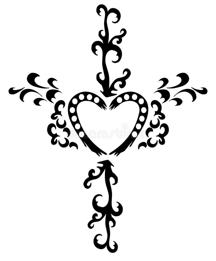 Corazón decorado, blanco y negro, tatuaje, símbolo, aislado ilustración del vector