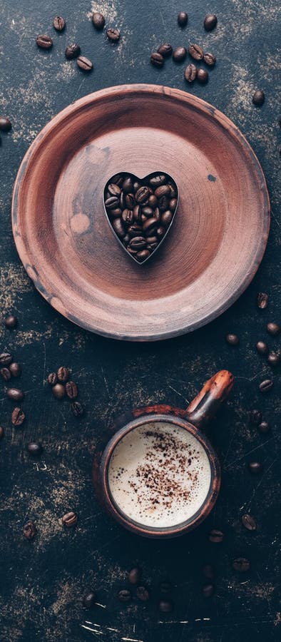 Corazón de granos de café y bebida caliente en un vaso de época sobre un fondo rústico oscuro Borde vertical Día de San Valentín imagen de archivo libre de regalías Corazón de granos de café y bebida caliente en un vaso de época sobre un fondo rústico oscuro Borde vertical Día de San Valentín imagen de archivo libre de regalías