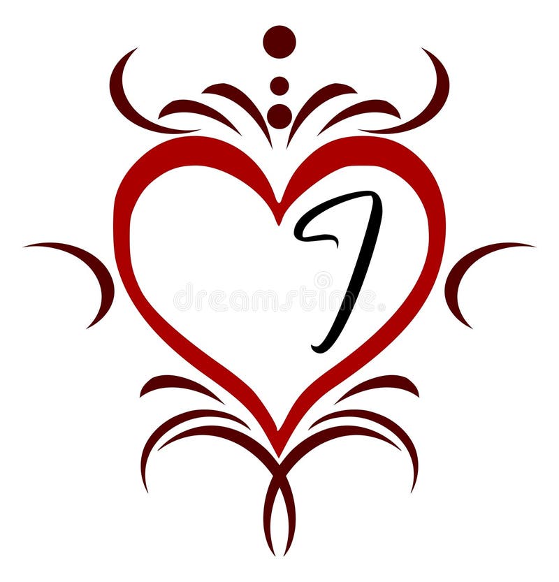 Corazón decorado con elementos abstractos y la letra I, blanco y rojo, aislado stock de ilustración