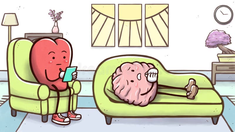 Corazón del psicólogo en una sesión de terapia con un cerebro paciente en el sofá ilustración del vector Corazón del psicólogo en una sesión de terapia con un cerebro paciente en el sofá ilustración del vector