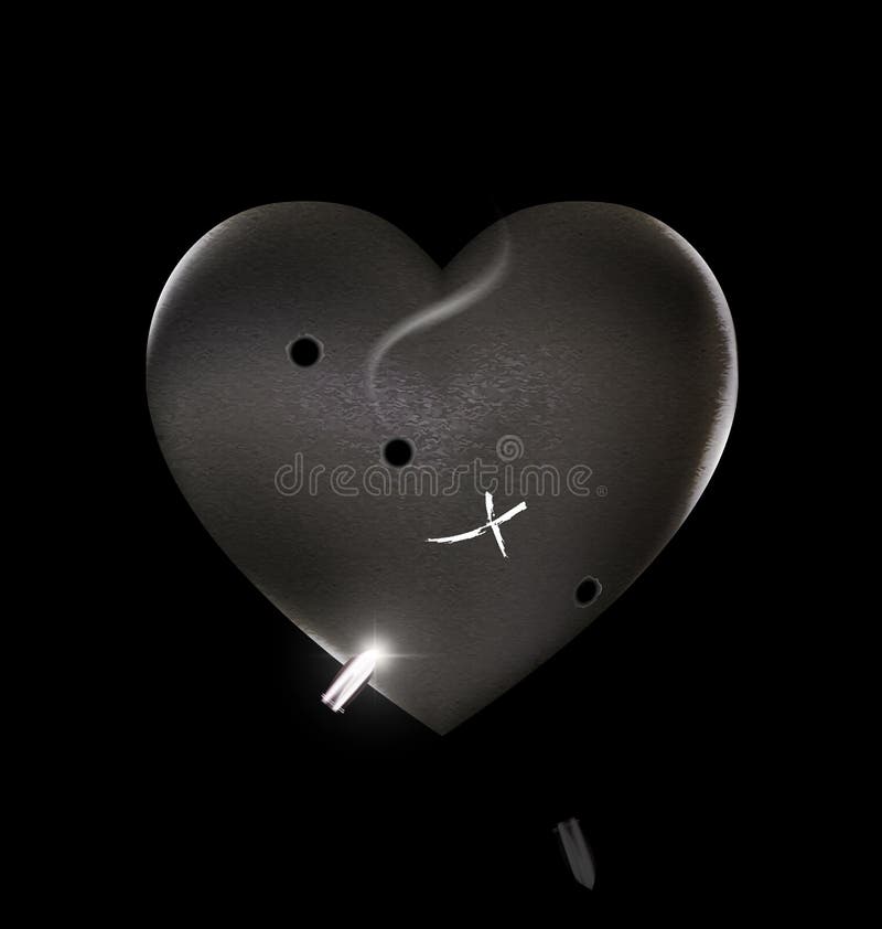 Black background and the large stone wounded heart-stone with traces of shots and bullets. Black background and the large stone wounded heart-stone with traces of shots and bullets