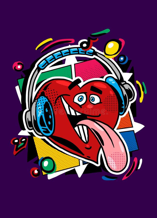 Corazón divertido en los auriculares que escuchan la música stock de ilustración Corazón divertido en los auriculares que escuchan la música stock de ilustración