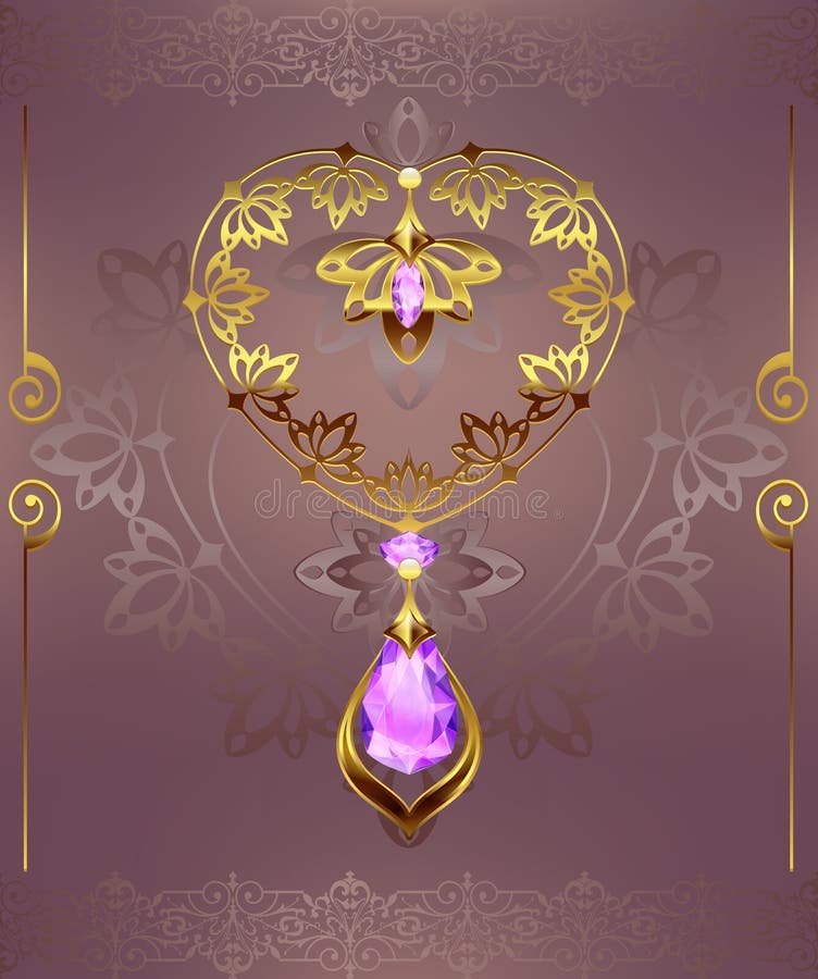 Coração dourado da decoração com os diamantes dos seixos da joia em um fundo floral com ornamento do art deco ilustração royalty free Coração dourado da decoração com os diamantes dos seixos da joia em um fundo floral com ornamento do art deco ilustração royalty free