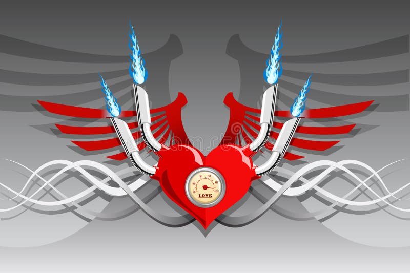 Vetor de motor retro em forma de coração sobre fundo prateado ilustração stock