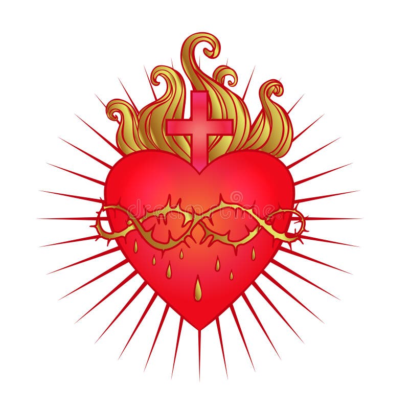 Coração sagrado de Jesus com raios Ilustração do vetor no vermelho e ilustração stock Coração sagrado de Jesus com raios Ilustração do vetor no vermelho e ilustração stock