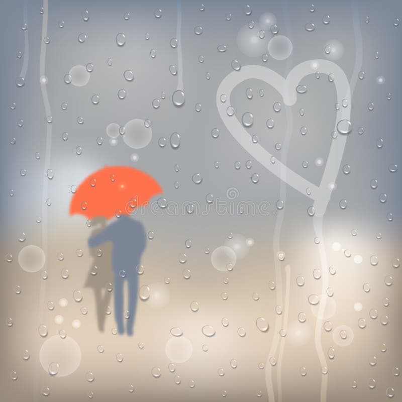 Coração tirado na janela coberta com as gotas da chuva e pares cobertos ilustração stock Coração tirado na janela coberta com as gotas da chuva e pares cobertos ilustração stock