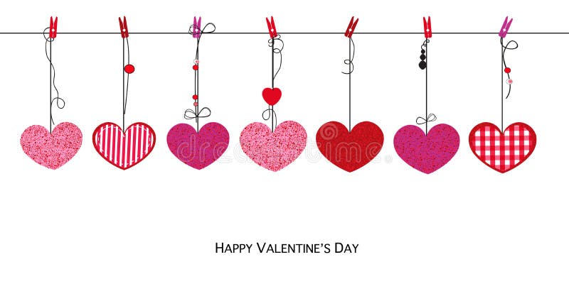 Corações vermelhos cor-de-rosa de brilho Cartão feliz do dia de Valentim com fundo de suspensão dos corações dos Valentim do amor