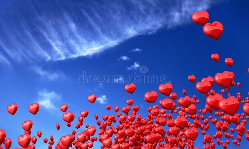 3d illustration of bright red love hearts floating in blue sky with cloudscape background. 3d illustration of bright red love hearts floating in blue sky with cloudscape background.