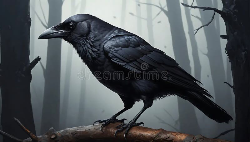 Corb negru maiestuos în pădurile pustii întunecate fotografie natură faină sălbatică artă vector illustration