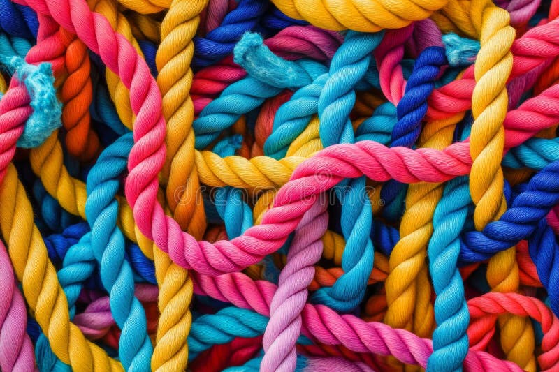 Corde e fili di colore chiaro intrecciati in una disposizione caotica che mostra una vivida miscela di giallo rosa immagine stock libera da diritti