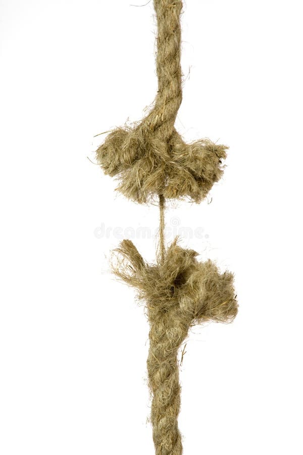 Frayed rope about to break isolated on white background. Frayed rope about to break isolated on white background