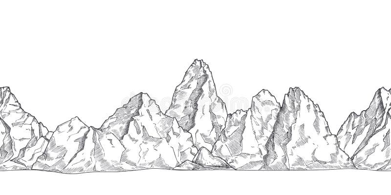 Mountain range. Outline nature drawing, pencil sketch rocky peaks panorama. Art graphics beautiful landscape vector seamless background. Rocky mountain and adventure landscape, rock peak illustration. Mountain range. Outline nature drawing, pencil sketch rocky peaks panorama. Art graphics beautiful landscape vector seamless background. Rocky mountain and adventure landscape, rock peak illustration