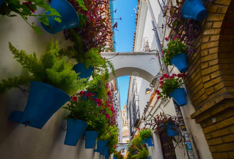 Cordoba, Spain. Calleja de las flores, view of the bell tower of the Cathedral royalty free stock photos Cordoba, Spain. Calleja de las flores, view of the bell tower of the Cathedral royalty free stock photos