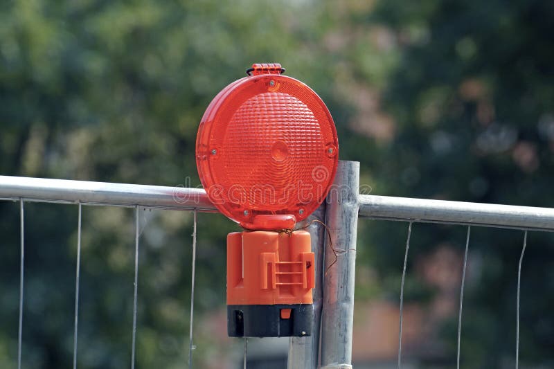 Cordon with Warning Lights at a Construction Site. Stock Photo Image