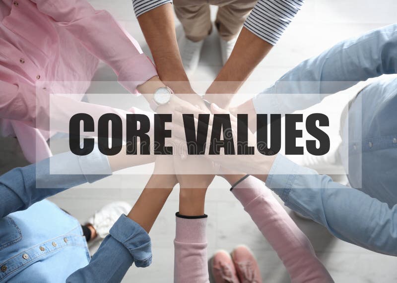 Core values. People holding hands together, top view