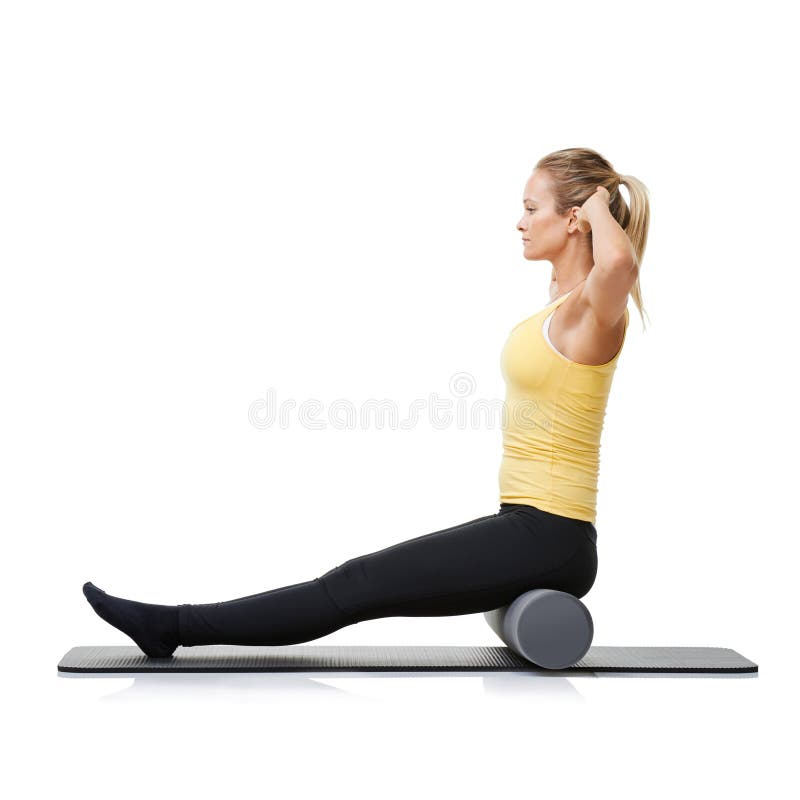 Core Workout, Foam Roller and Studio Woman with Posture Exercise