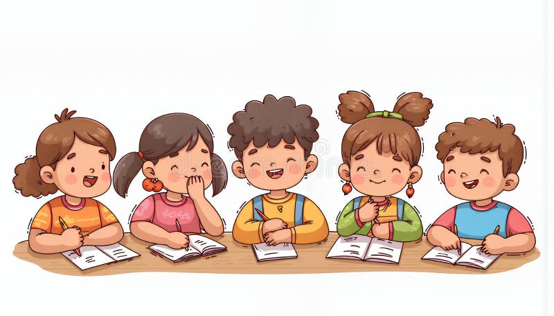 Corea: cinque bambini ChibiStyle impegnati in attività creative su una scrivania di colore marrone chiaro, sullo sfondo bianco di royalty illustrazione gratis
