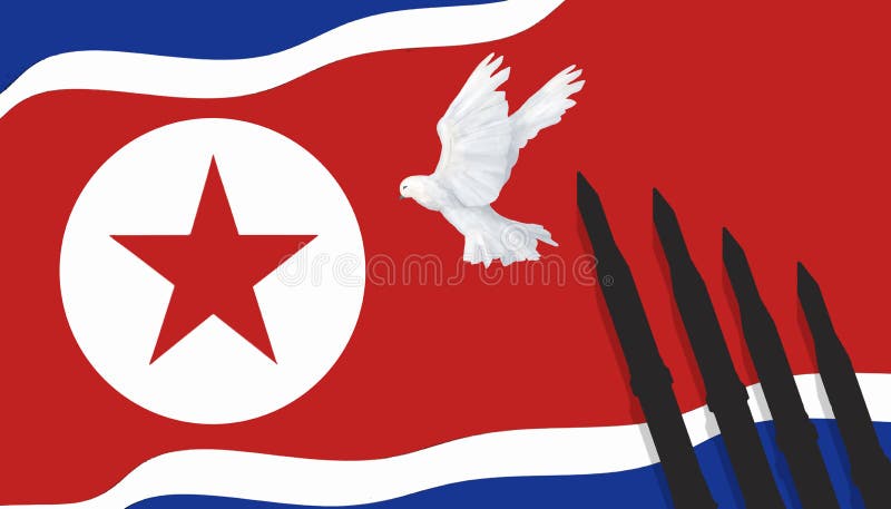 Corea del Norte, bomba nuclear, prueba nuclear, cohetes en paz del ejemplo de Corea del Norte de la bandera y paloma stock de ilustración Corea del Norte, bomba nuclear, prueba nuclear, cohetes en paz del ejemplo de Corea del Norte de la bandera y paloma stock de ilustración
