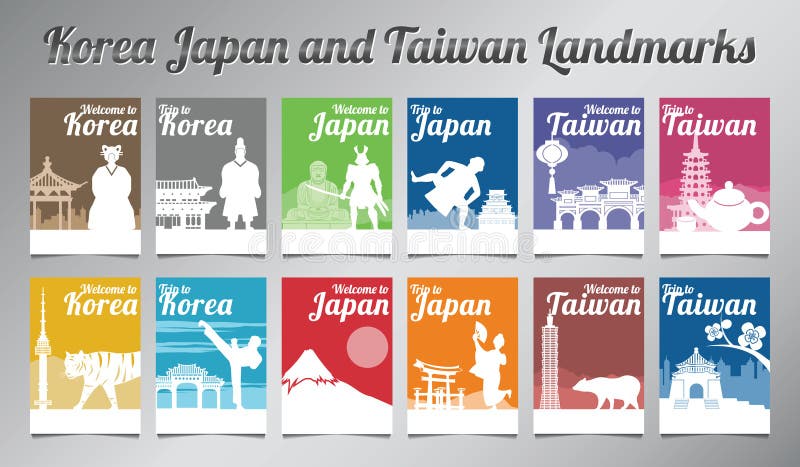 Corea Japón y señal famosa y símbolo de Taiwán en diseño de la silueta con el sistema del folleto del estilo del multicolor stock de ilustración Corea Japón y señal famosa y símbolo de Taiwán en diseño de la silueta con el sistema del folleto del estilo del multicolor stock de ilustración