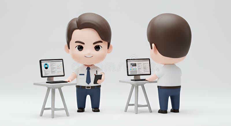 Coreani: il rendering 3D dello sviluppatore video 3D di Chibi è rimasto isolato sullo sfondo bianco illustrazione vettoriale