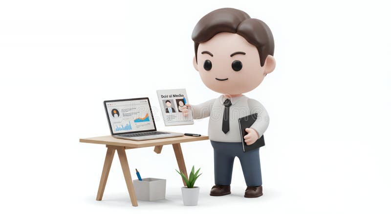 Coreano: festeggiamenti per Chibi Social Media Manager 3D : Tablet del documento del notebook per report di analisi royalty illustrazione gratis