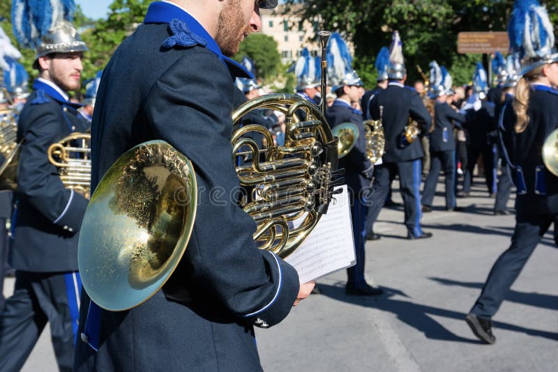 CORFU, GREECE - APRIL 30, 2016: Philharmonic musicians playing in Corfu Easter holiday celebrations. Corfu has a great tradition in music, with 18 philharmonic royalty free stock photos CORFU, GREECE - APRIL 30, 2016: Philharmonic musicians playing in Corfu Easter holiday celebrations. Corfu has a great tradition in music, with 18 philharmonic royalty free stock photos