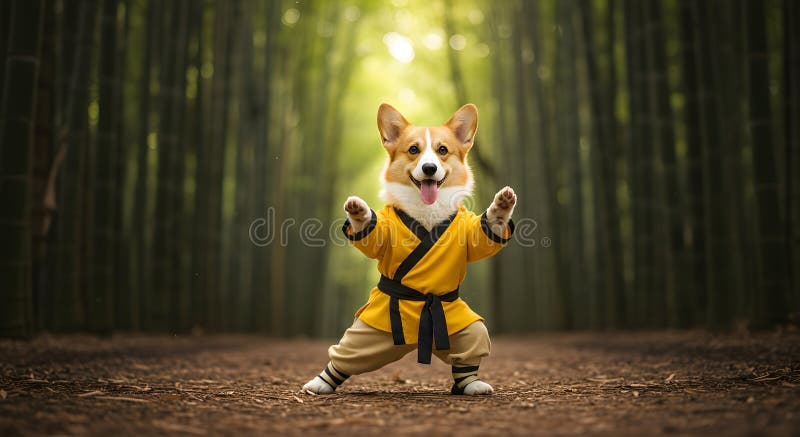 Corgi in Kung Fu Gi Stance in Bamboo Forest royalty ilustracja