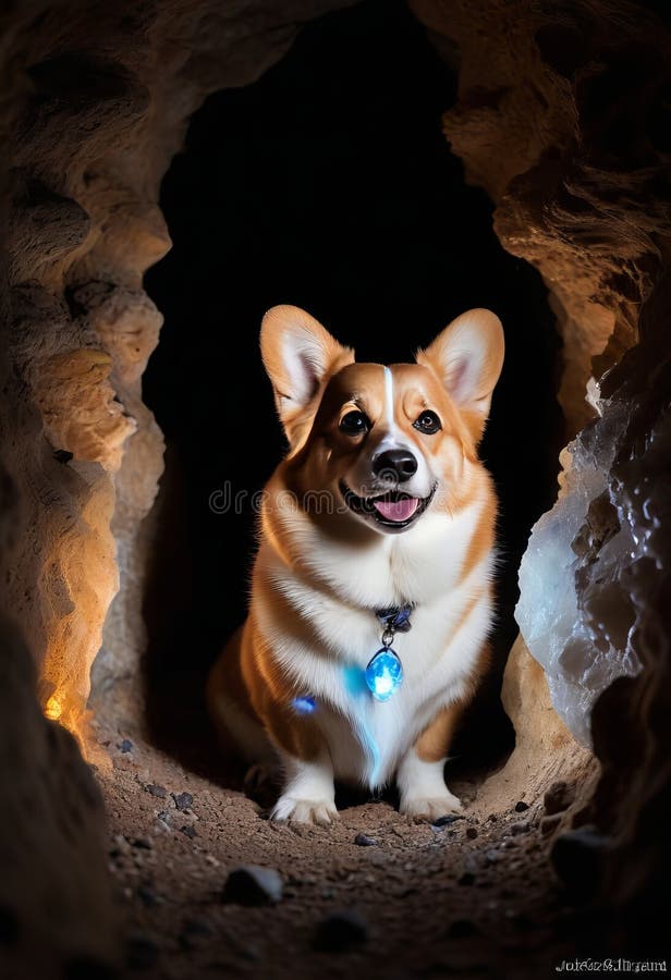 Corgi saldate di pembroke fresche che esplorano una grotta misteriosa con cristalli e stalattiti scintillanti illustrazione di stock