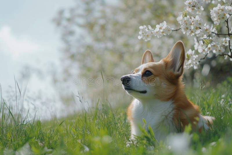 Corgi sittande i blomningsträd arkivfoton