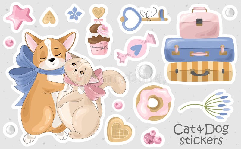 Corgi和Cat贴纸、图标集 有浪漫物品的可爱狗 库存例证