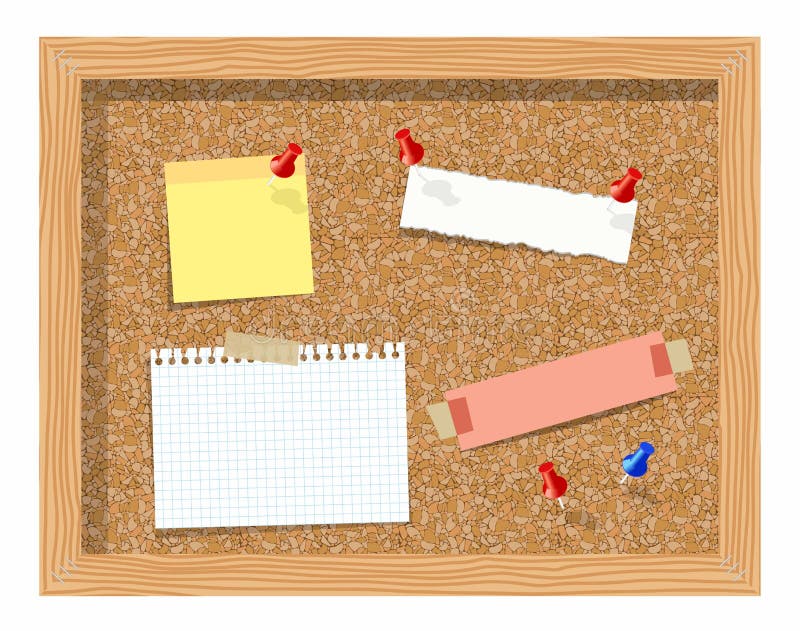 Cork board with pinned paper notepad sheets realistic vector illustration. stock illustration
