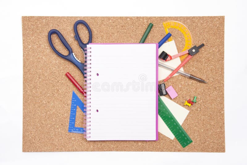 Cork board with stationary stock image. Image of post 39573715