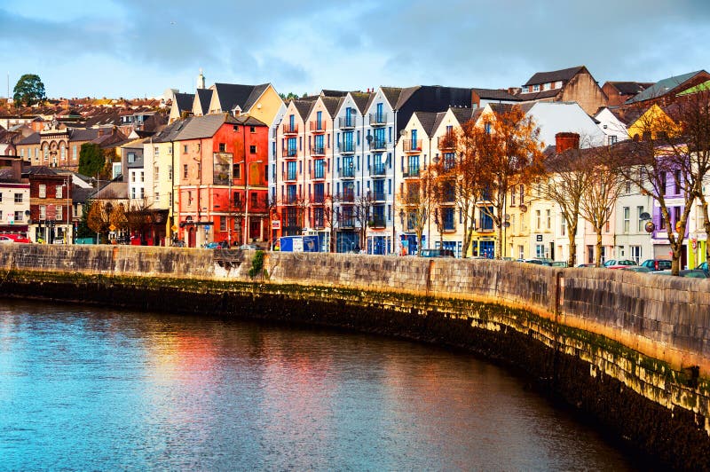 Bank of the river Lee in Cork, Ireland city center with various shops stock photo Bank of the river Lee in Cork, Ireland city center with various shops stock photo