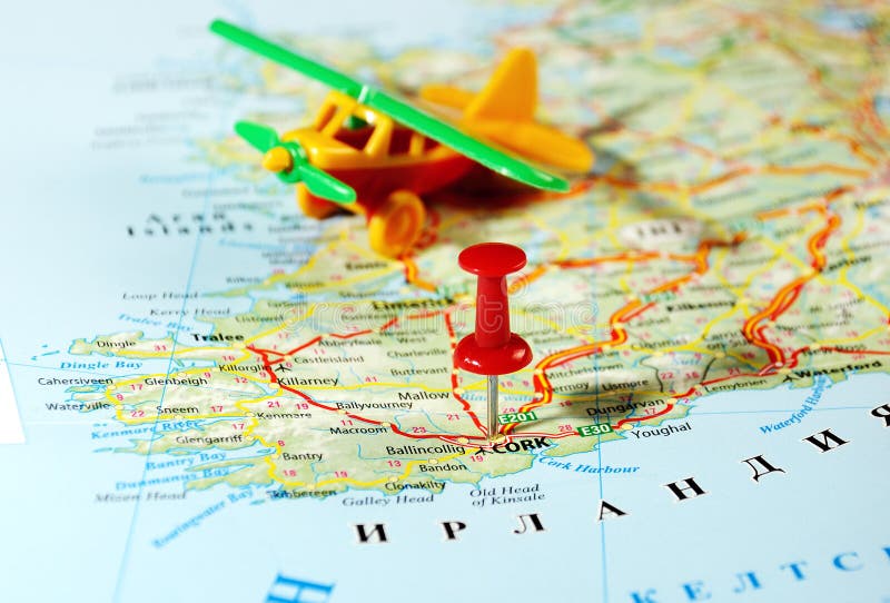 Cork Ireland ,United Kingdom map airplane and pin - Travel concept