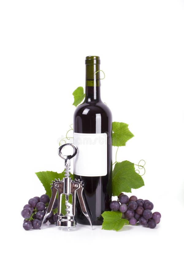 Cork-screw and bottle of red wine with grapes isol