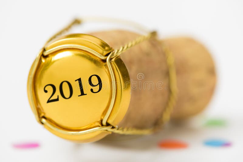 Cork stopper of champagne with new year`s date 2019 royalty free stock images