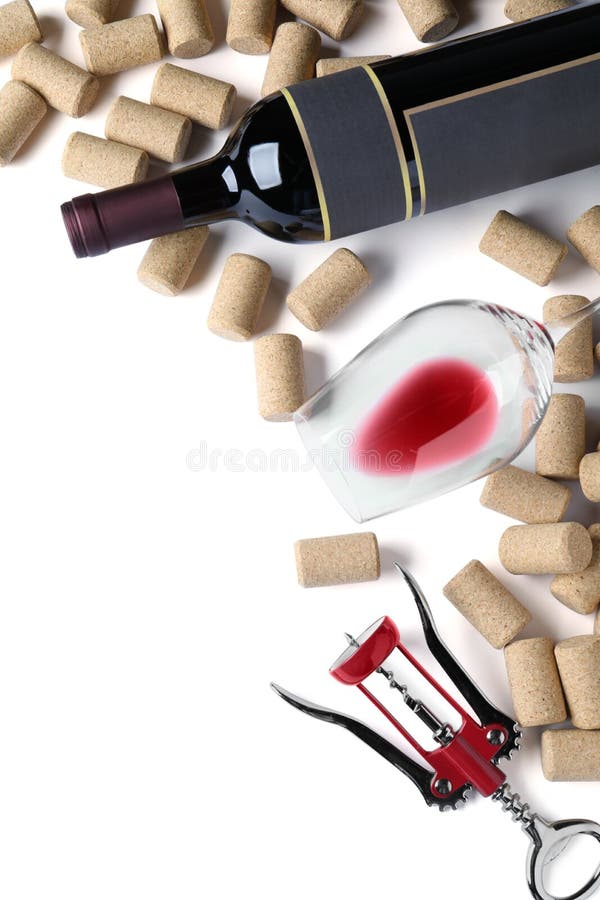 Corkscrew with wine bottle, glass and stoppers on white background, top view