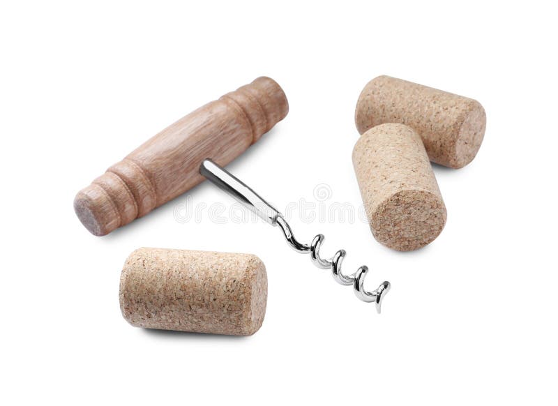 Corkscrew and Wine Bottle Stoppers on White Background Stock Image