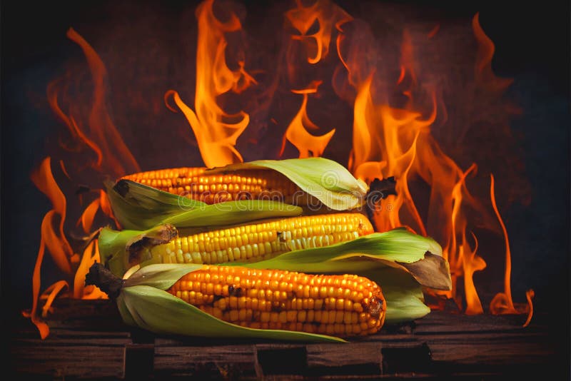 Corn on the Cobs Cooking on a Fiery BBQ Grill Cob Stock Image Image