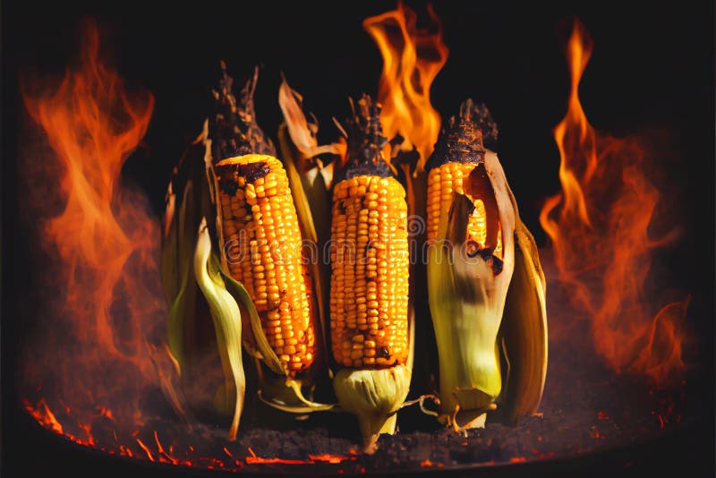 Corn on the cobs cooking on a fiery BBQ grill cob. Cooking the perfect mouthwatering Corn on the cobs cob on a fiery BBQ grill on a flaming fire pit with flames