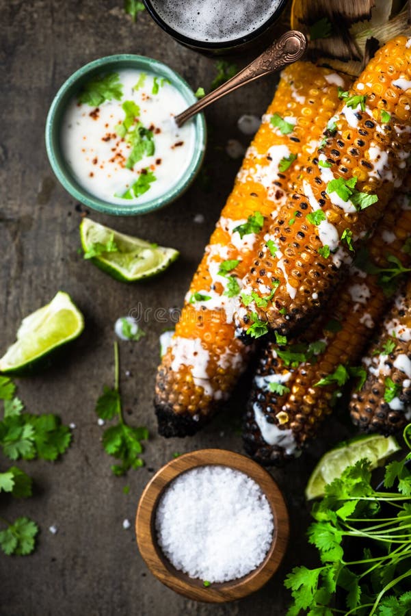 Corn Cobs Grilled, Served with Beer,salt, Coriander and Lime Stock
