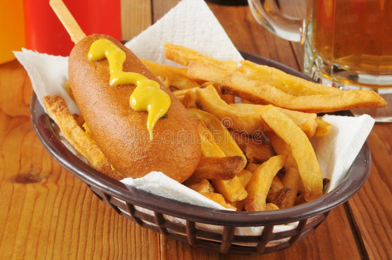 Corn dog with fries stock photo. Image of fries, beverage 42394562
