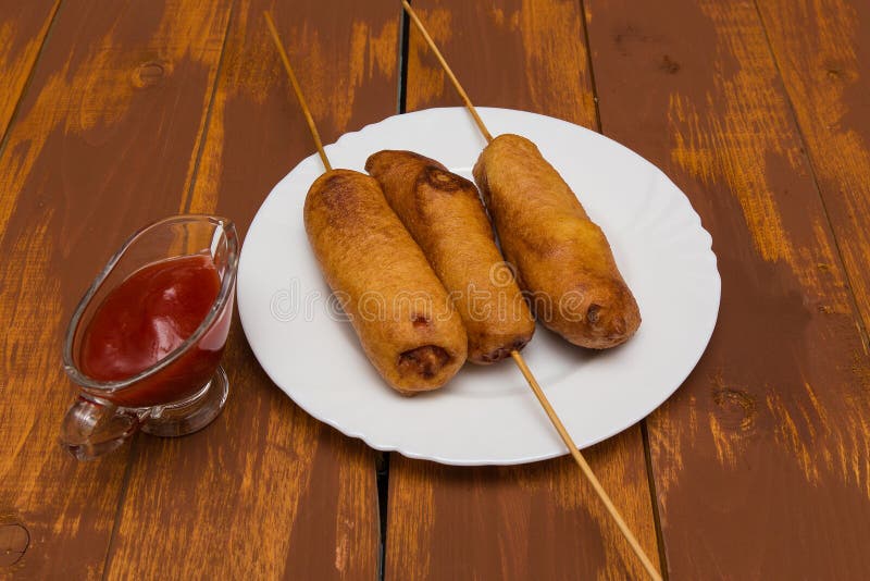 Corn dog to do at home stock photo. Image of catsup, battered - 64517444