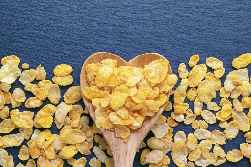 Corn Flakes in Heartshaped Spoon. Copy Space Stock Image Image of
