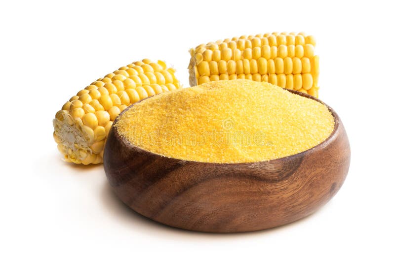 Corn Grits Polenta in Wooden Bowl Isolated on White Stock Photo Image