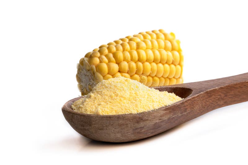 Corn Maize Meal in Wooden Bowl Isolated on White Stock Image - Image of
