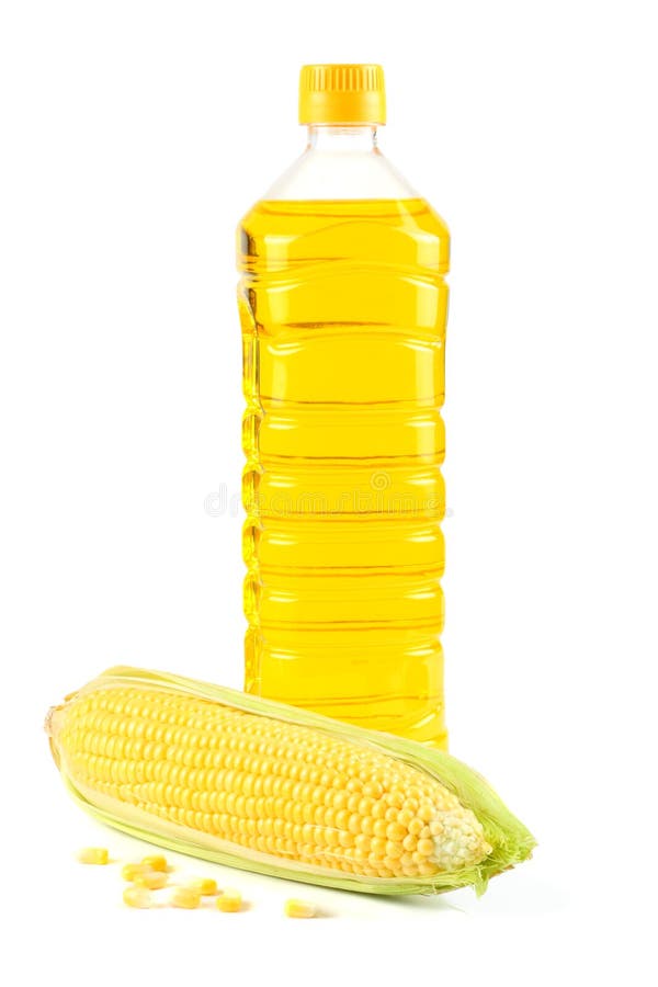 Corn Oil in Plastic Bottle with Corn on Cob Isolated on White