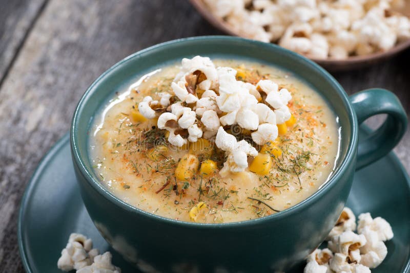 Corn Soup with Popcorn in Cup, Closeup Stock Image - Image of diet ...